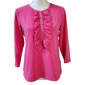 Liz Claiborne Womens Top Size L Pink Ruffled Front Button Stretch 3/4 Blouse